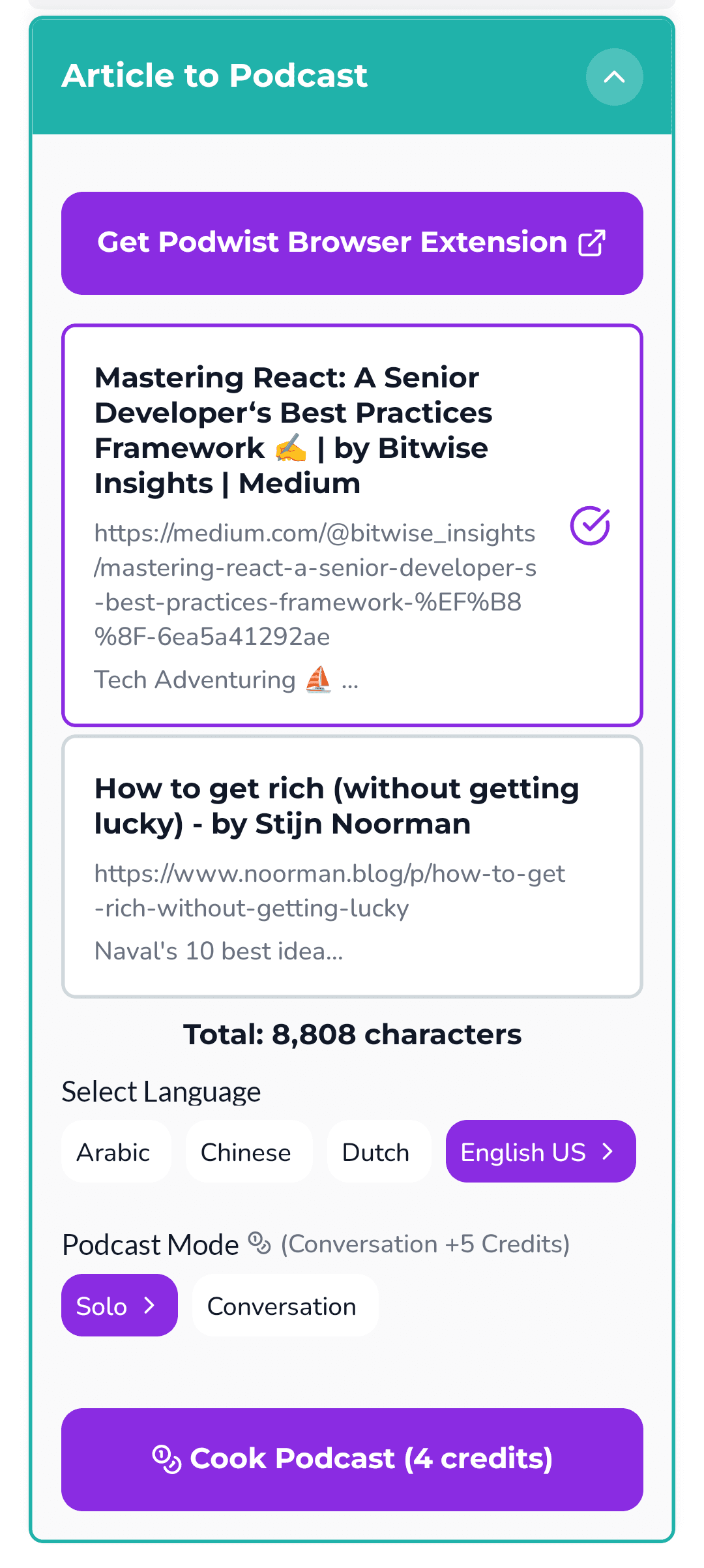 Podwist article to podcast converter showing highlight notes generated from a converted article
