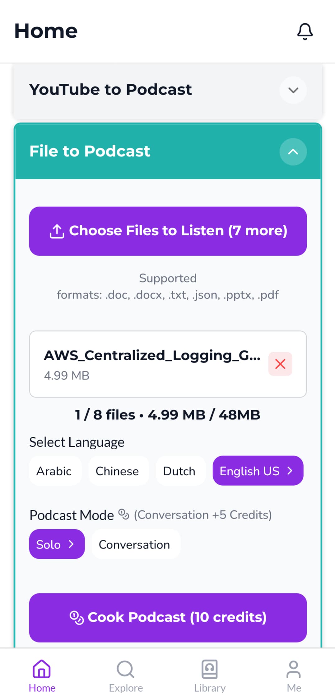Podwist app file upload screen for converting a Word document into a podcast
